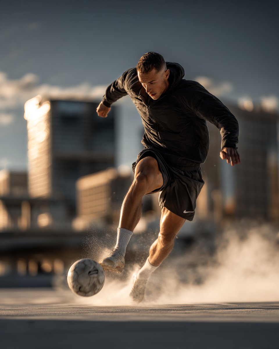 A freestyle footballer in a black hoodie striking the ball on a city rooftop at golden hour, dust rising beneath his feet with blurred skyline behind.