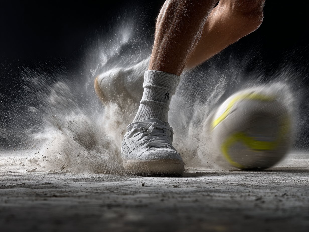 Extreme close-up of a freestyler's white sneaker and a football with lime-yellow accent stripes, frozen mid-contact with dust particles exploding around it against a black background.