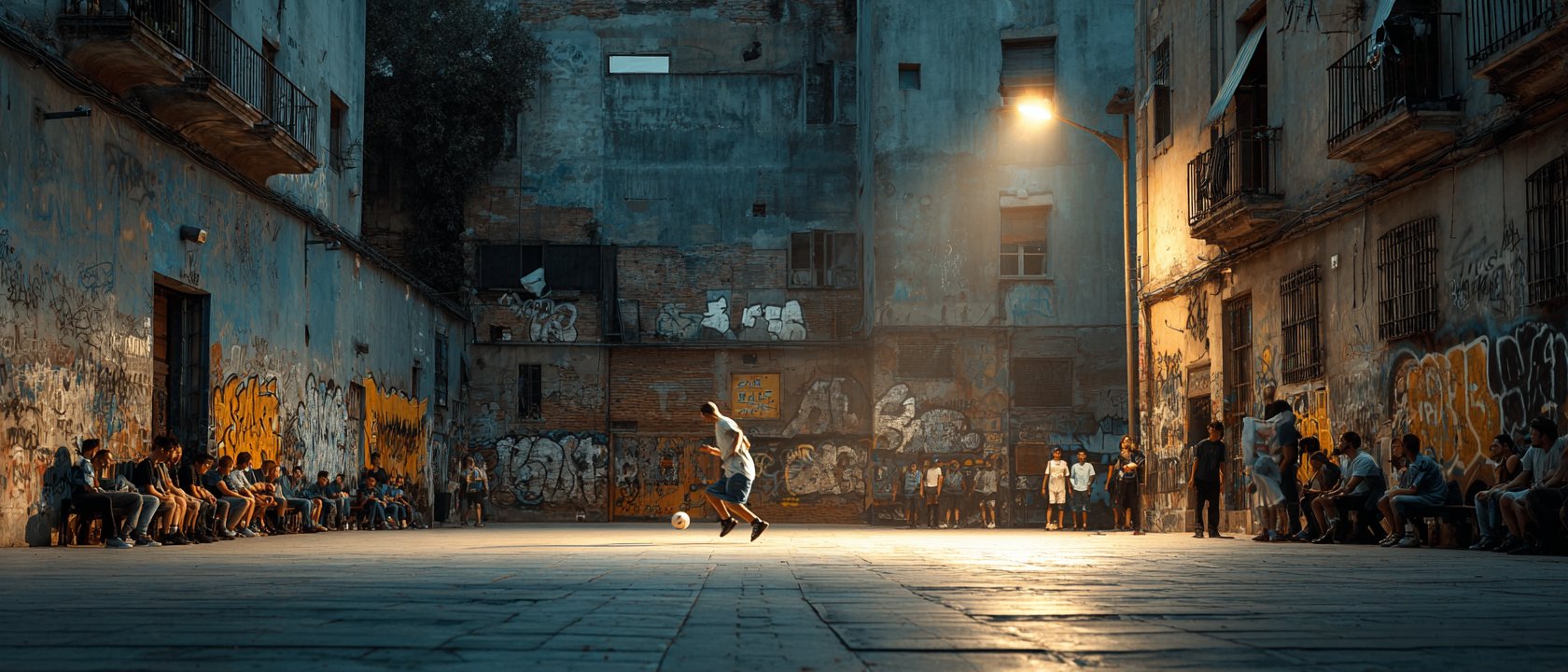 Wide cinematic shot of a freestyler performing in a European urban plaza at dusk, graffiti-covered walls on both sides and a small crowd watching from the edges, lit by a single warm streetlamp.
